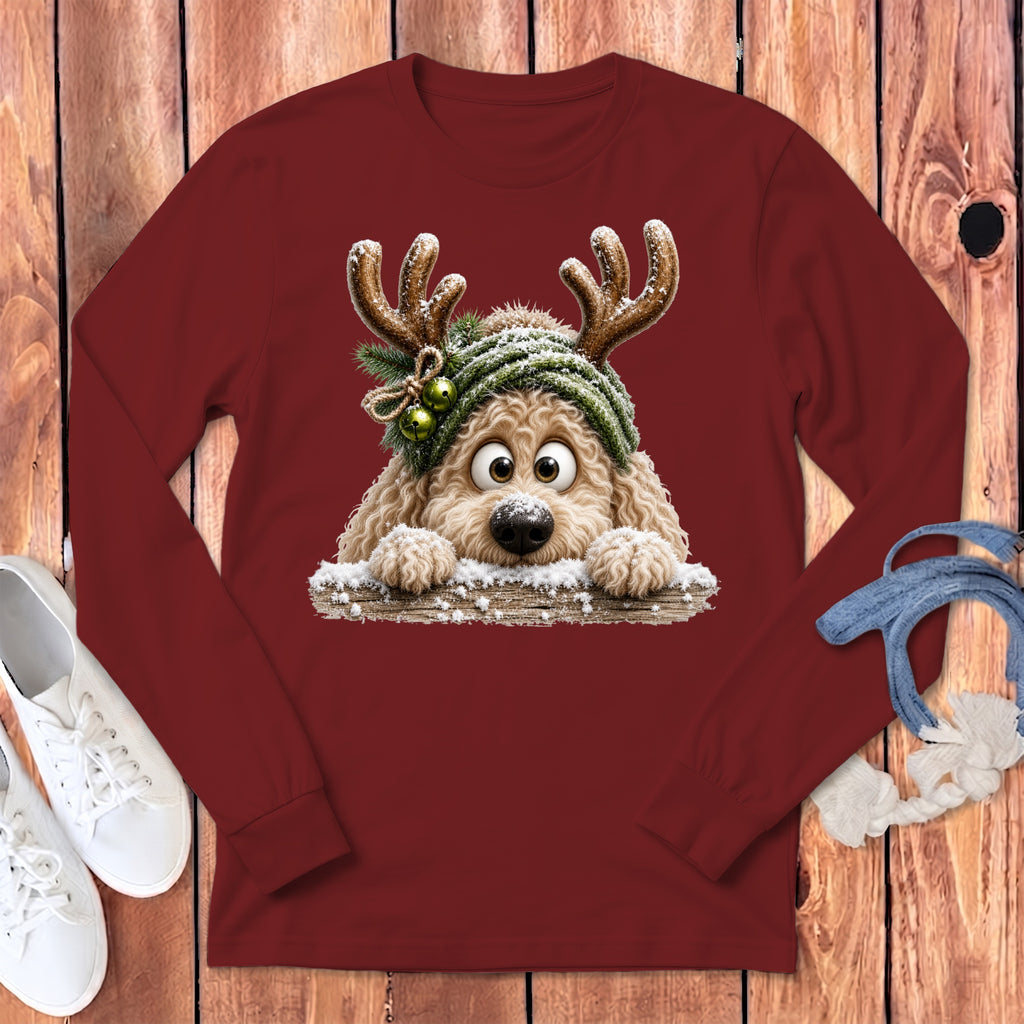 Cute cartoon dog wearing reindeer antlers and a green beanie with bells.