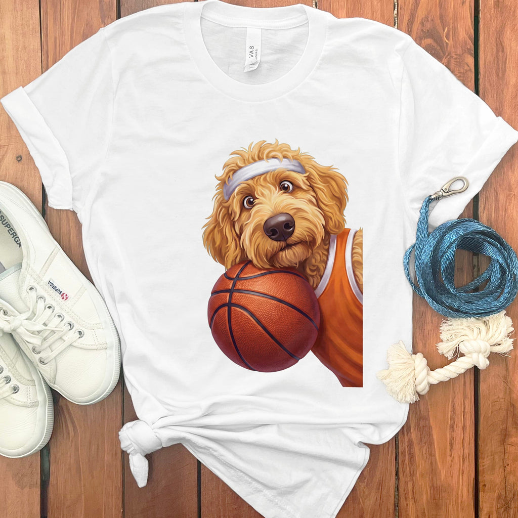 Golden Goldendoodle Basketball Player T-Shirt in White / S by Puppy Jo