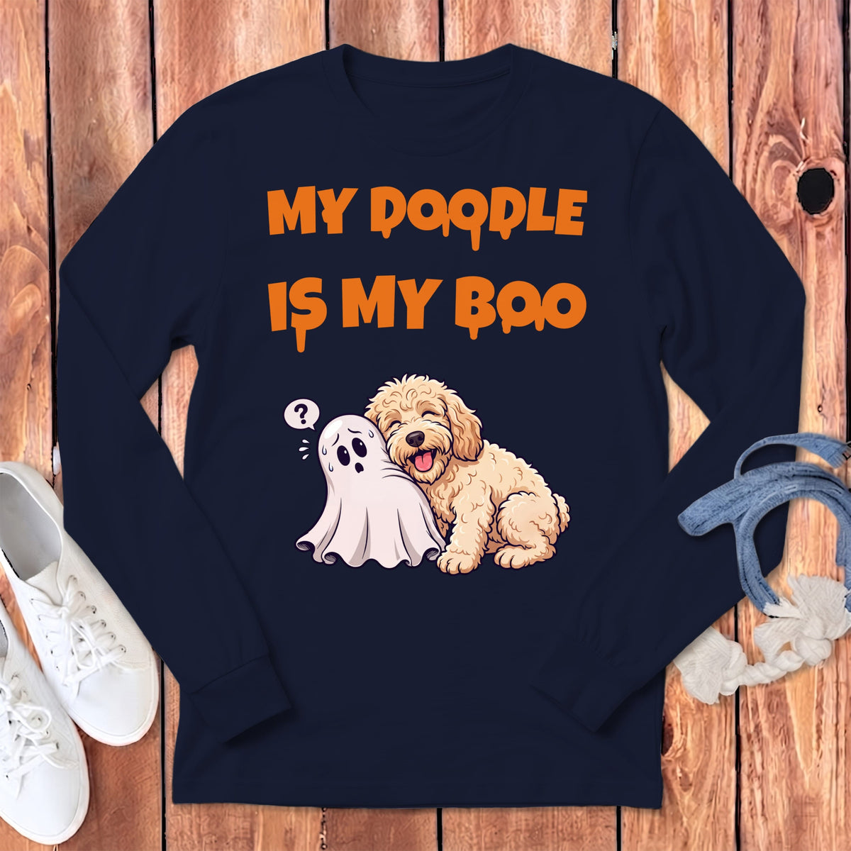 Cream Goldendoodle My Boo Long Sleeve T-Shirt in Navy / S by Puppy Jo
