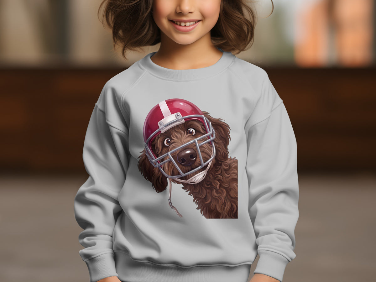 Brown dog wearing a red and white football helmet on a gray sweatshirt.