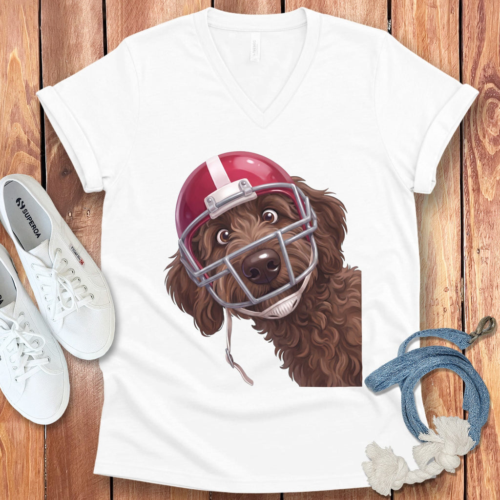 Chocolate Goldendoodle Football Helmet V-Neck T-Shirt in White / S by Puppy Jo