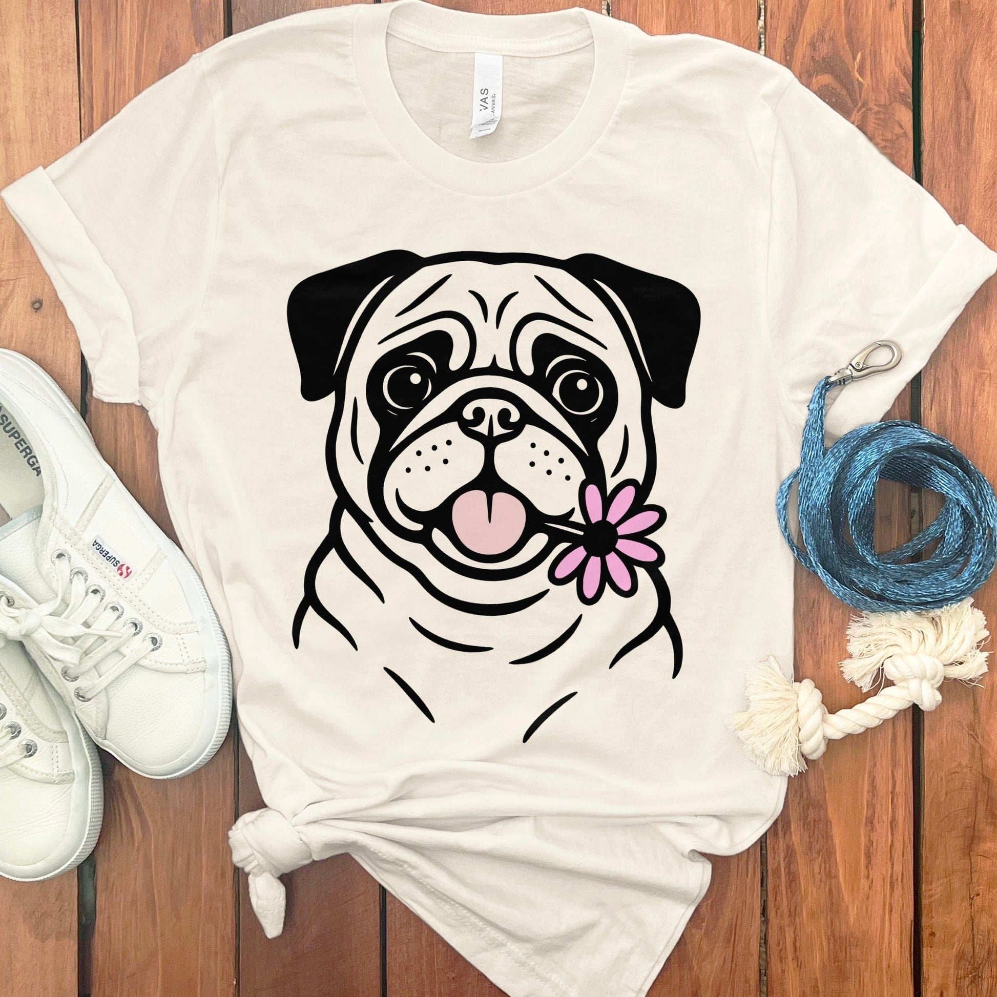 Cute Pug with Pink Flower Graphic T-Shirt product type