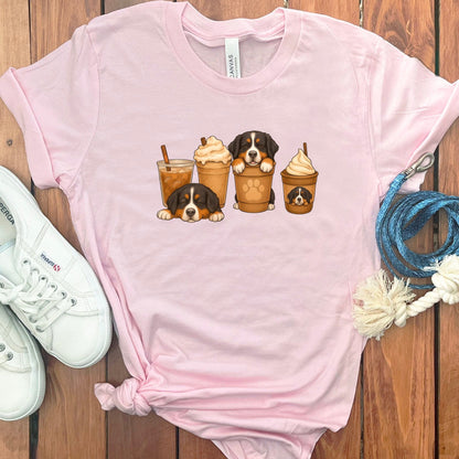 Cute Puppies and Coffee Themed Pink T-Shirt product