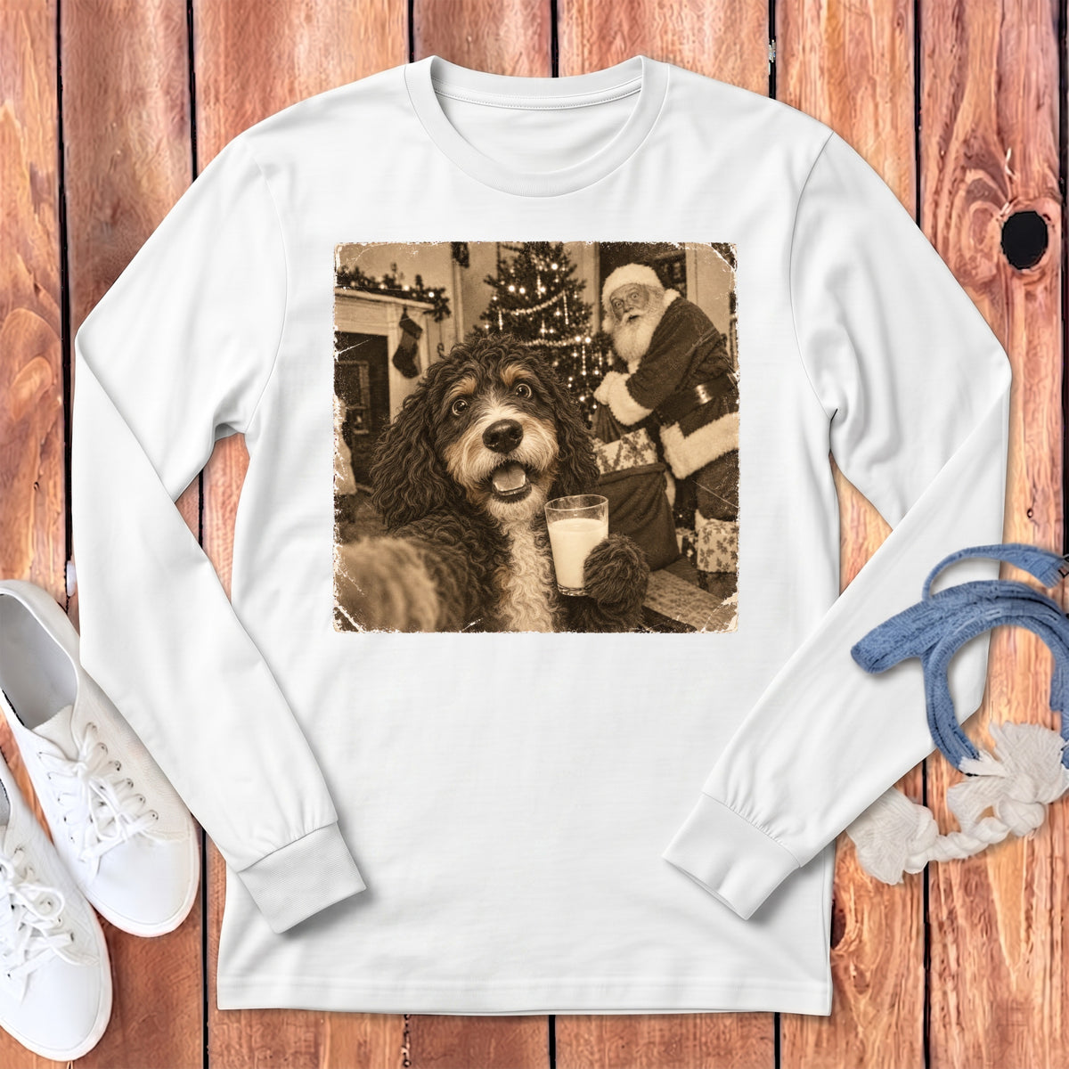 A white long-sleeved shirt featuring a graphic of a dog holding a glass of milk with Santa Claus in the background.