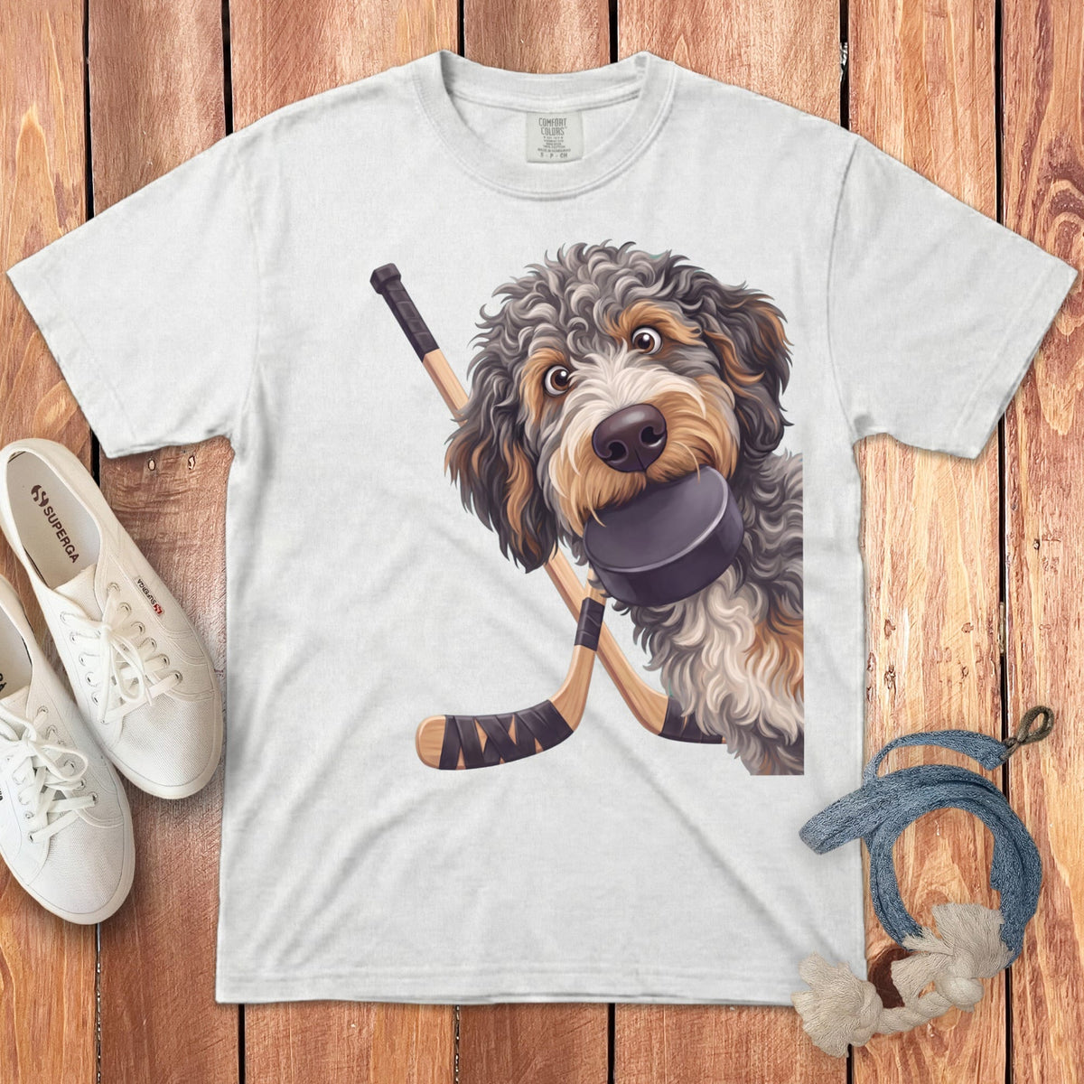 Aussiedoodle Hockey Signature T-Shirt in White / S by Puppy Jo