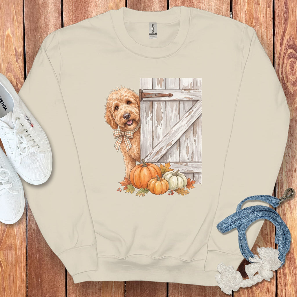 Apricot Goldendoodle Barn Peeking Sweatshirt in Sand / S by Puppy Jo