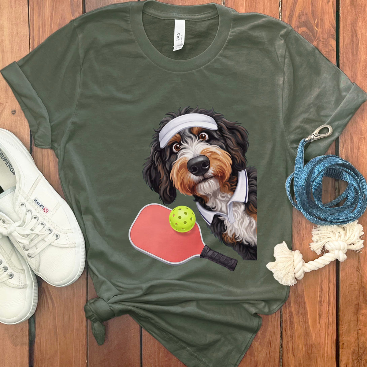 Bernedoodle Pickleball Player T-Shirt in Military Green / S by Puppy Jo