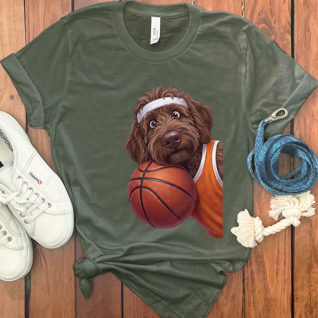 Chocolate Goldendoodle Basketball Player T-Shirt in Military Green / S by Puppy Jo