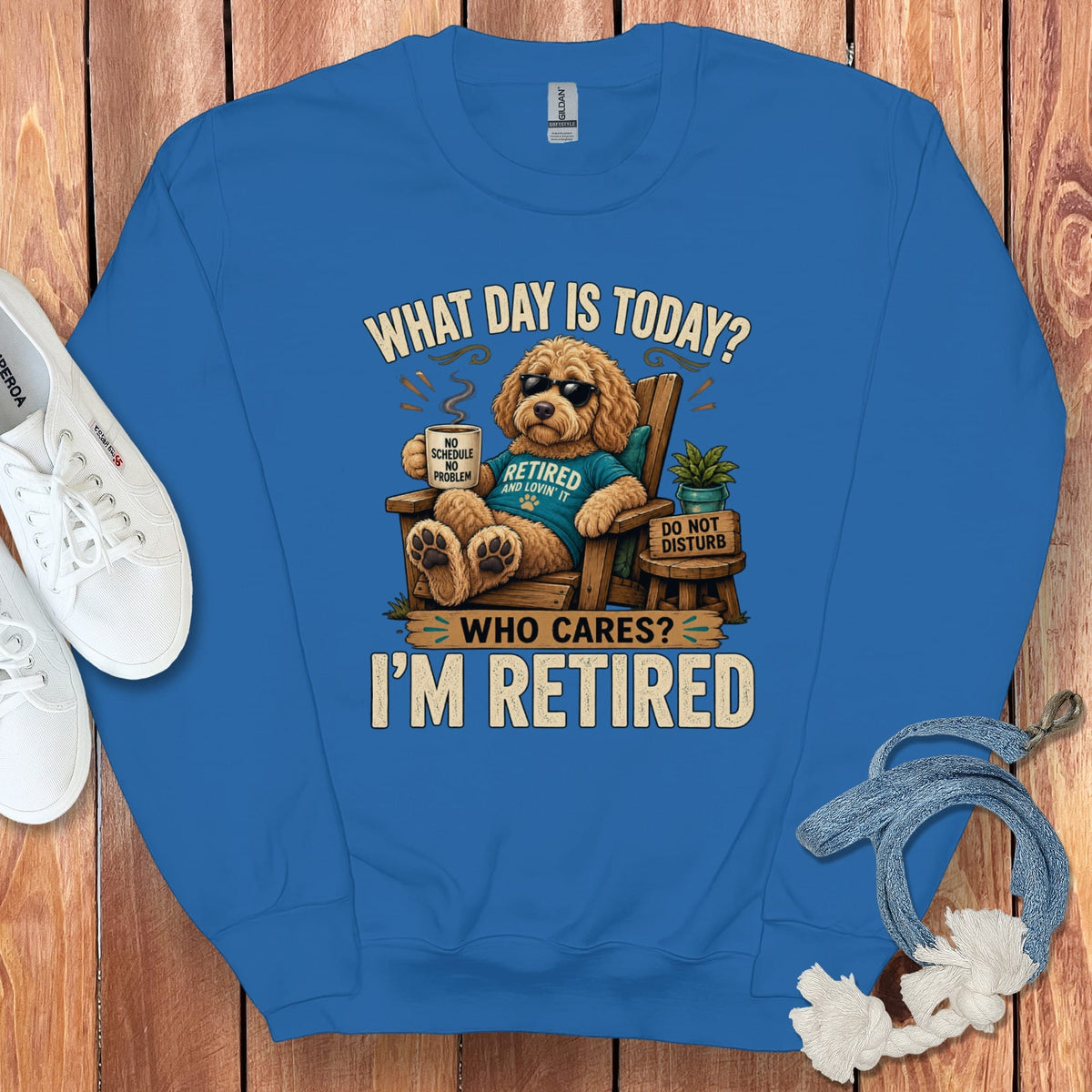 I'm Retired Apricot Goldendoodle Sweatshirt in Royal / S by Puppy Jo