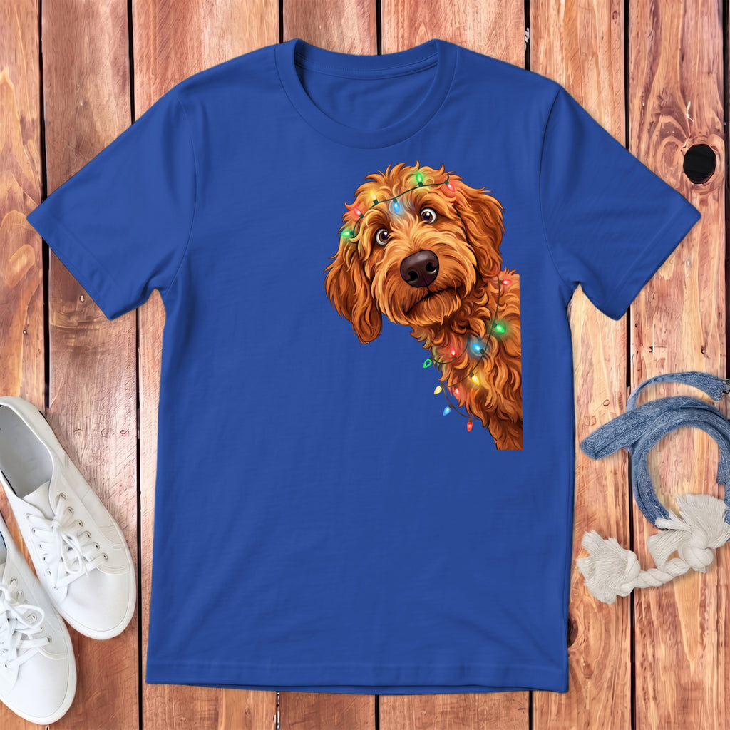 Blue t-shirt with a cute doodle dog wearing Christmas lights.