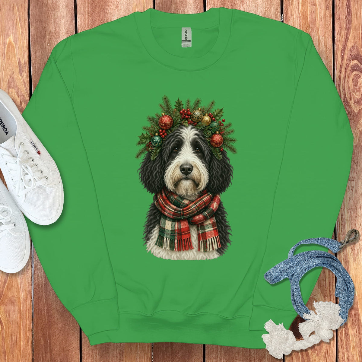 Sheepadoodle Holiday Crown Sweatshirt in Irish Green / S by Puppy Jo