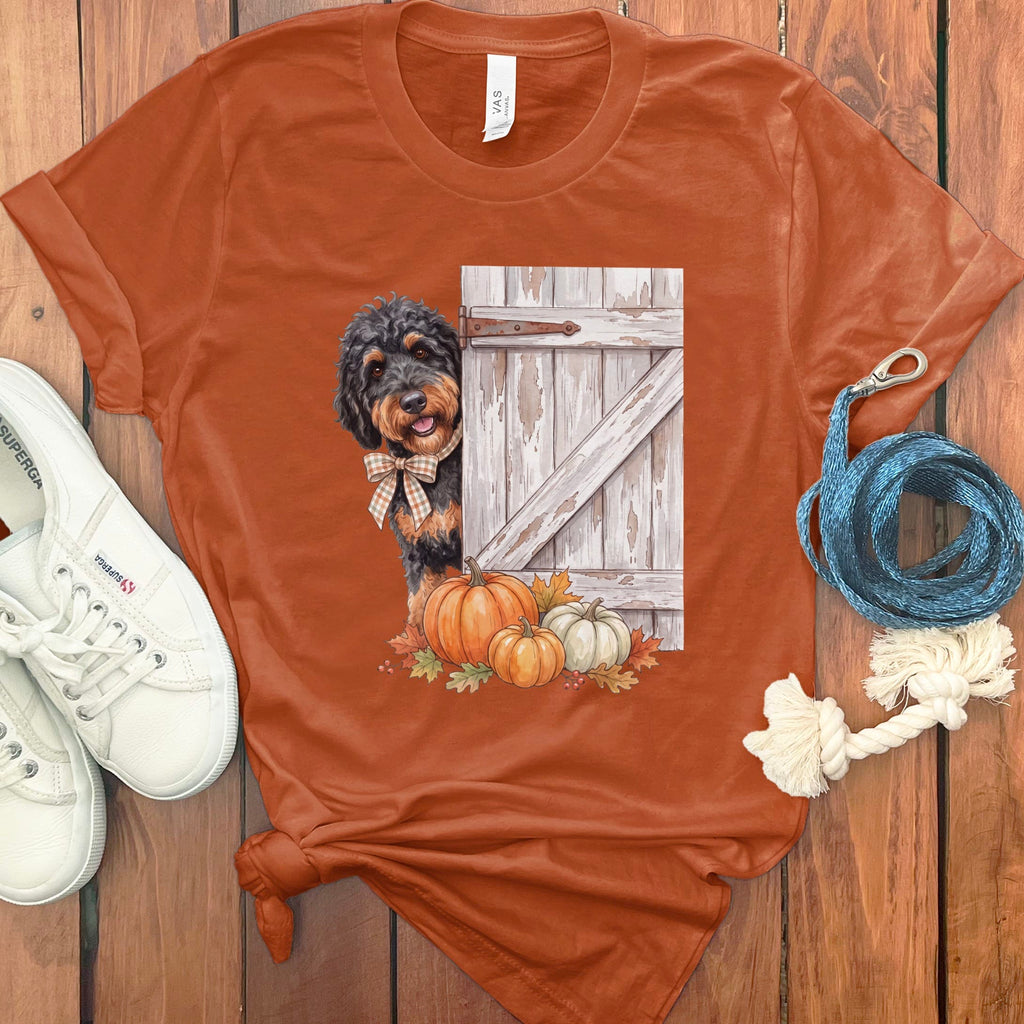 Phantom Goldendoodle Barn Peeking T-Shirt in Autumn / S by Puppy Jo