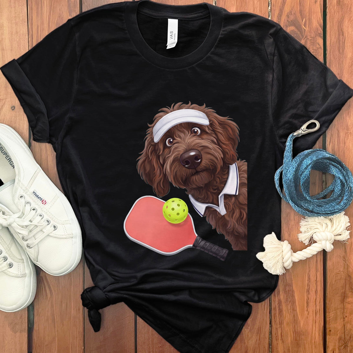 Chocolate Goldendoodle Pickleball Player T-Shirt in Black / S by Puppy Jo