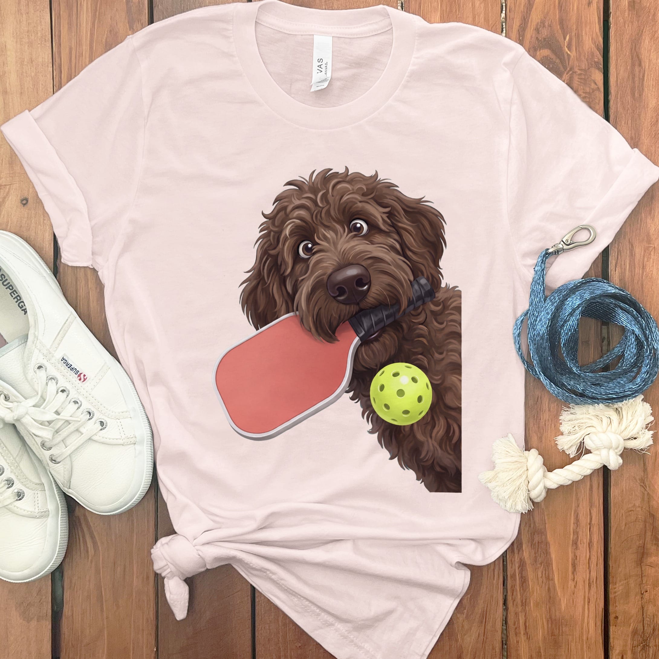Chocolate Goldendoodle Pickleball T-Shirt in Soft Pink / S by Puppy Jo