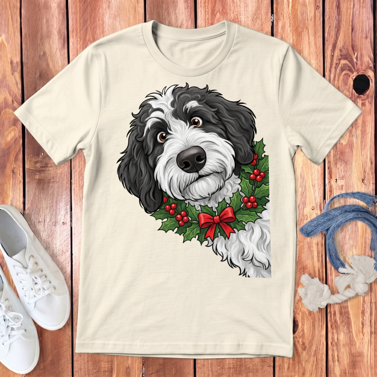 Black and white dog wearing a Christmas wreath with red bow.