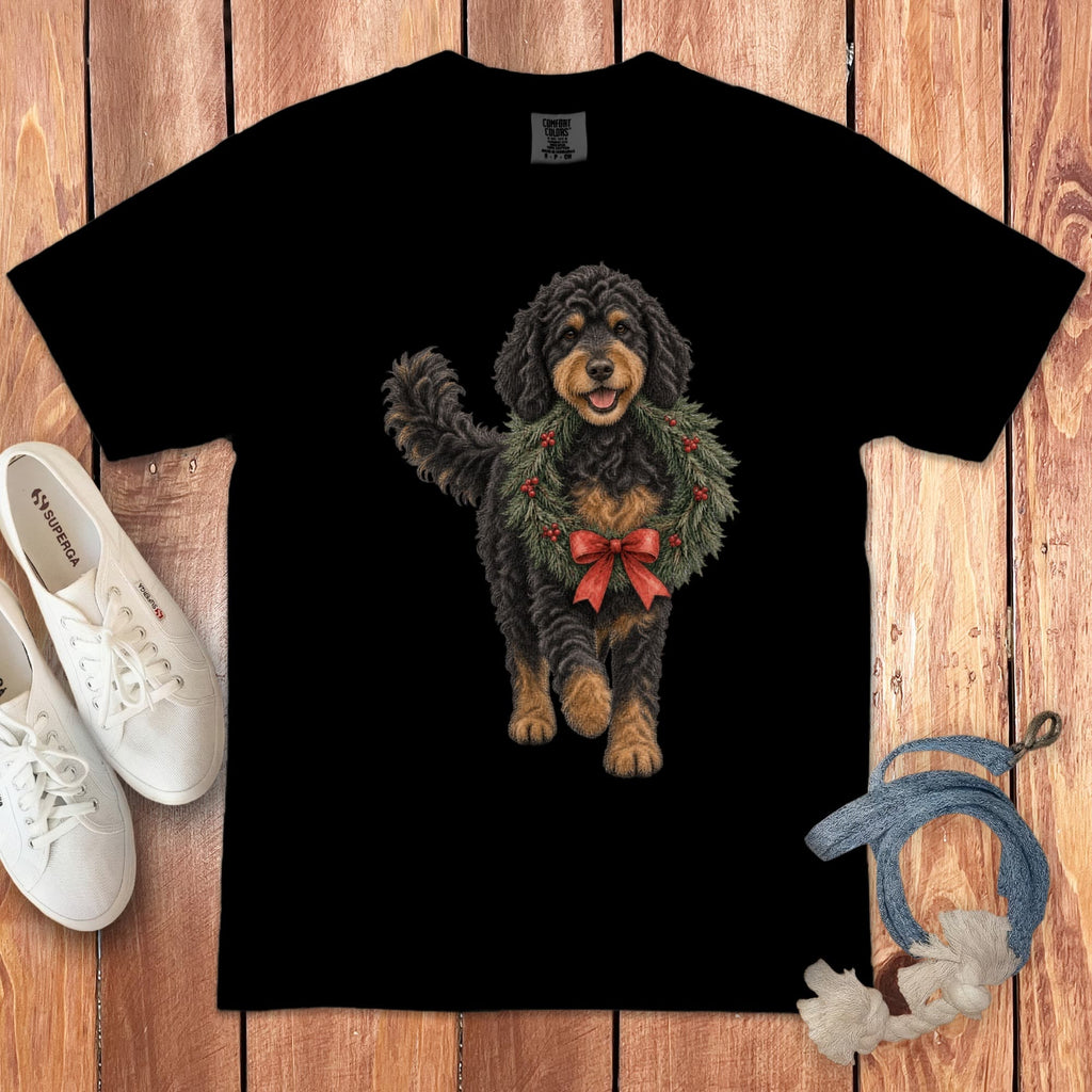 Phantom Goldendoodle Wreath Signature T-Shirt in Black / S by Puppy Jo