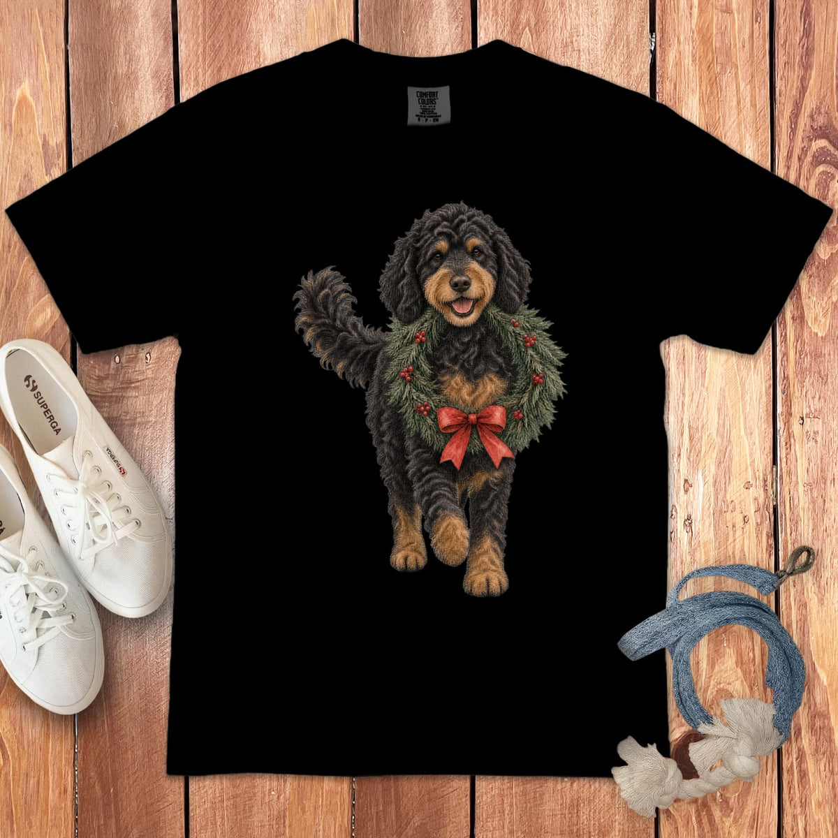Phantom Goldendoodle Wreath Signature T-Shirt in Black / S by Puppy Jo