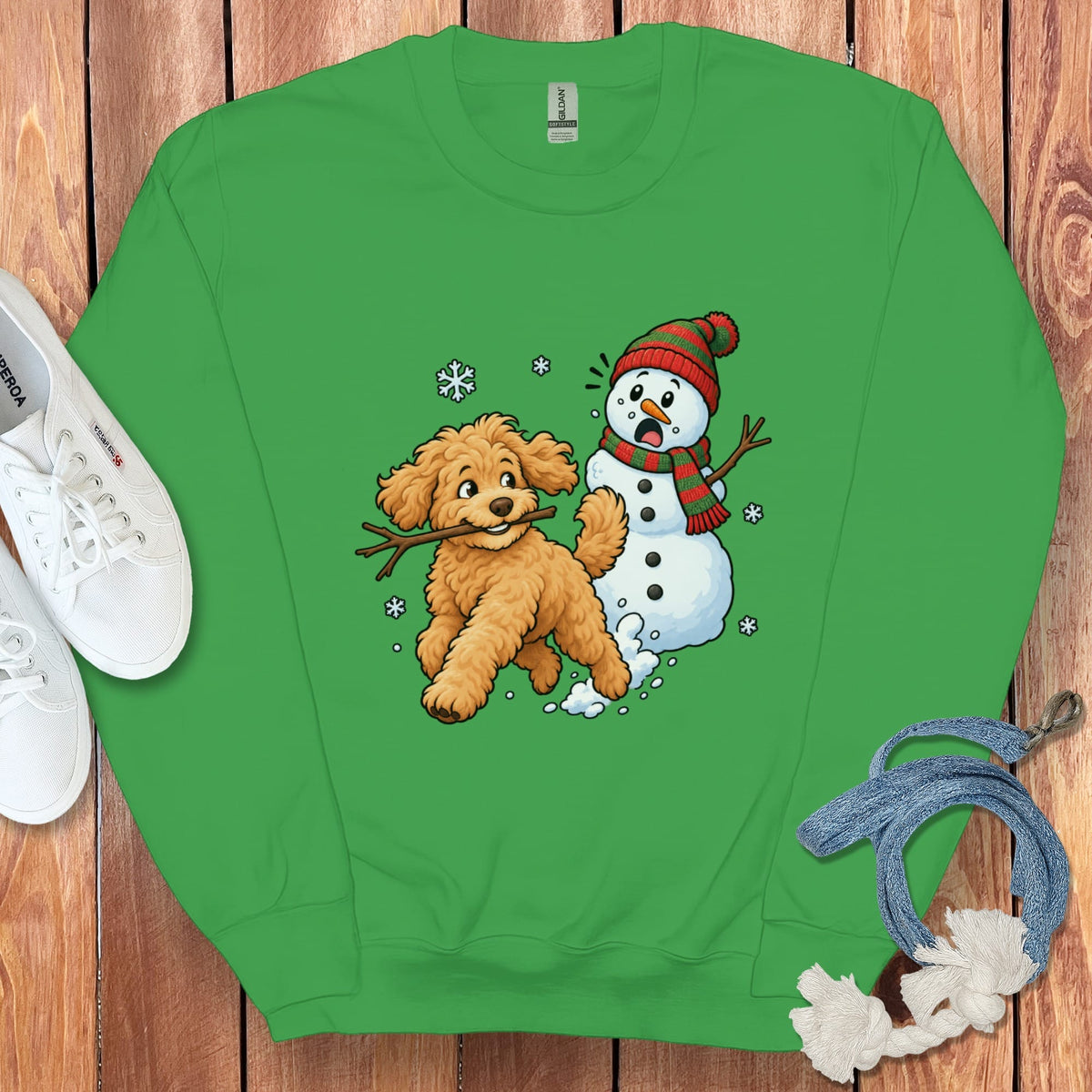 Golden Goldendoodle Snowman Sweatshirt in Irish Green / S by Puppy Jo