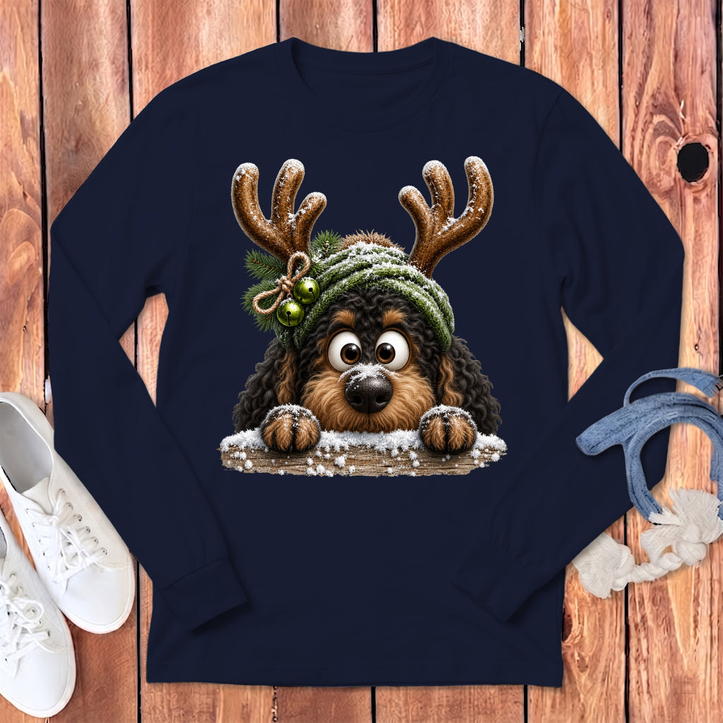 Navy long-sleeve shirt with a cartoon dog wearing reindeer antlers and a winter hat.