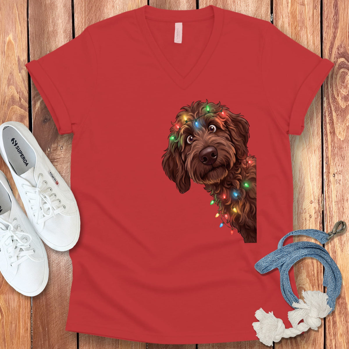 Peeking Chocolate Goldendoodle Holiday V-Neck T-Shirt in Red / S by Puppy Jo