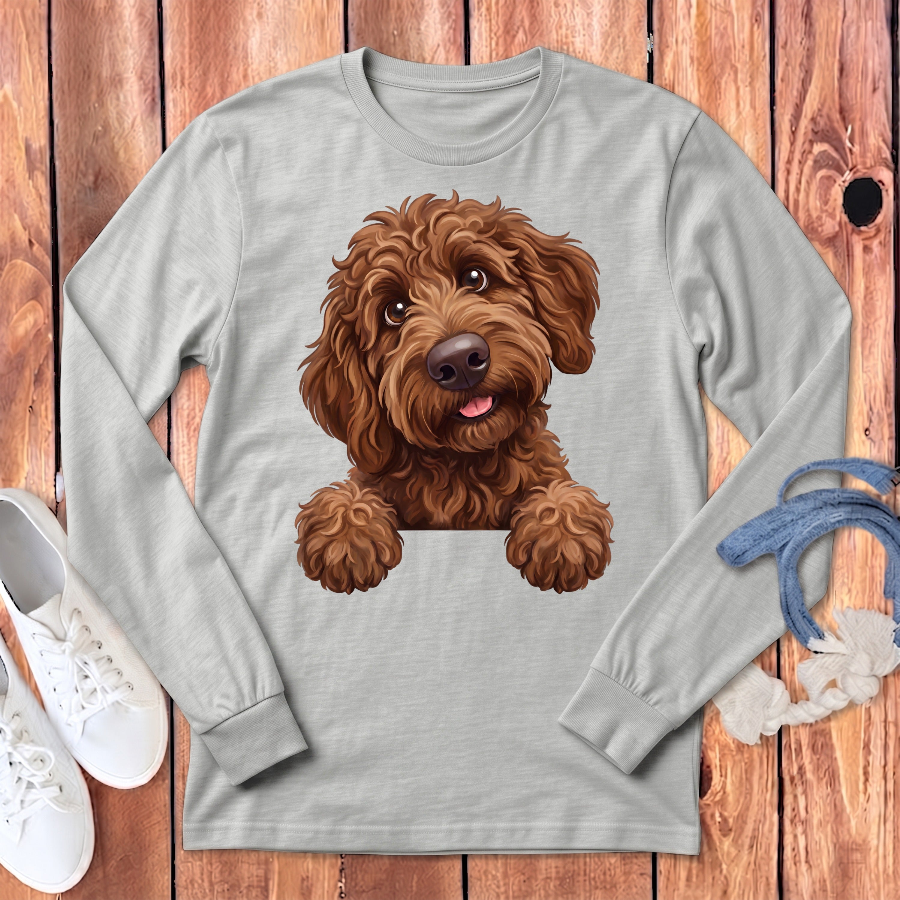Light gray long-sleeve shirt with a cartoon brown doodle dog design.