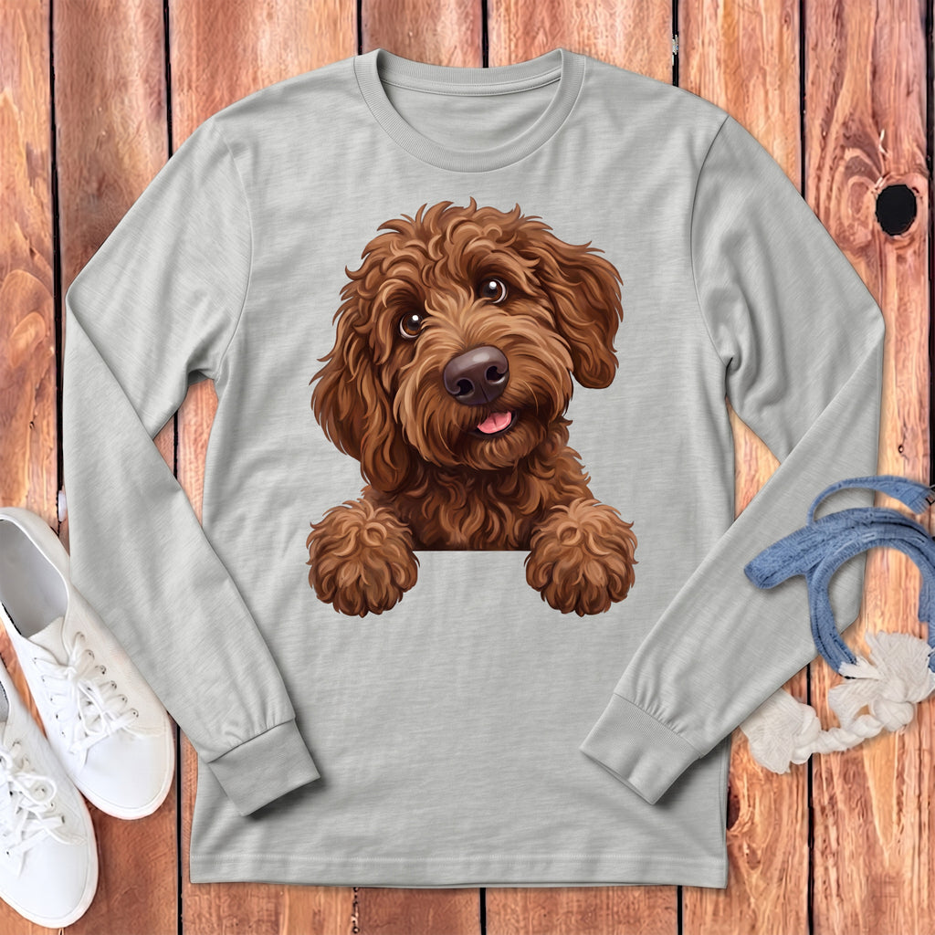 Light gray long-sleeve shirt with a cartoon brown doodle dog design.