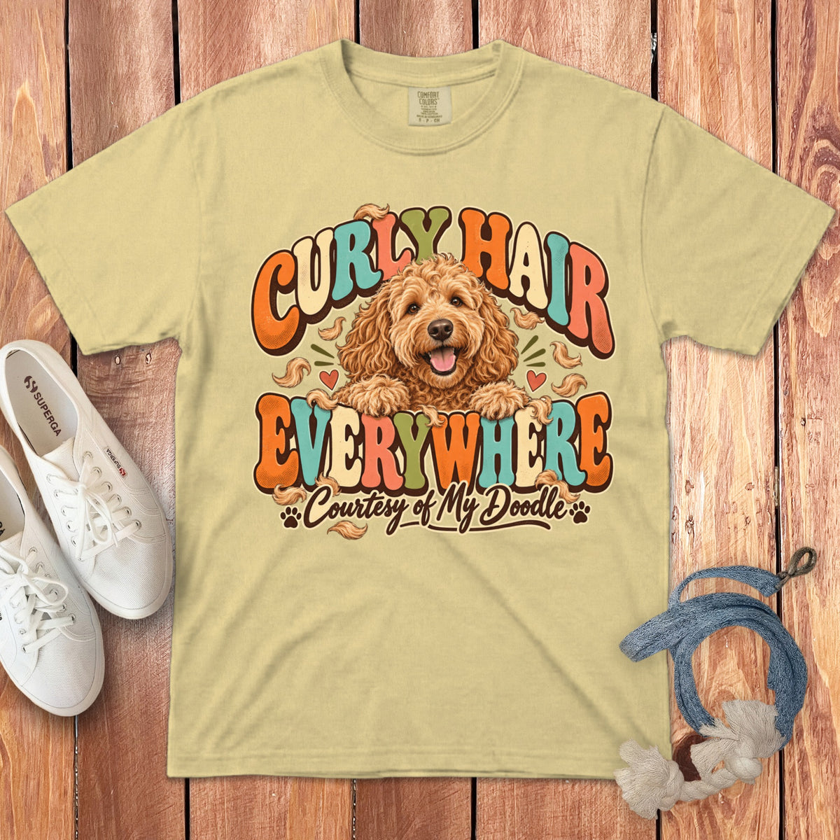 Light yellow t-shirt with "CURLY HAIR EVERYWHERE Courtesy of My Doodle" graphic.