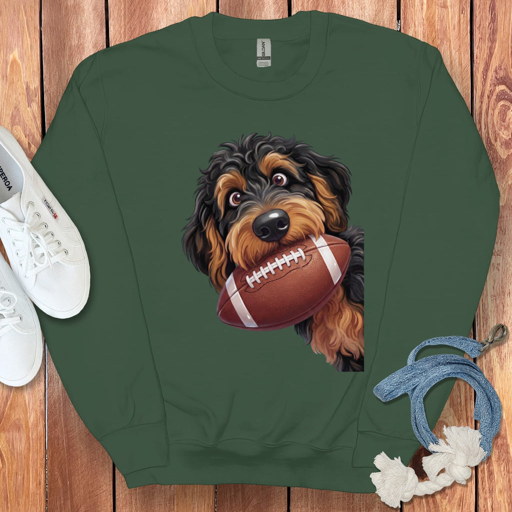 Dark green sweatshirt with a doodle dog graphic holding a football.