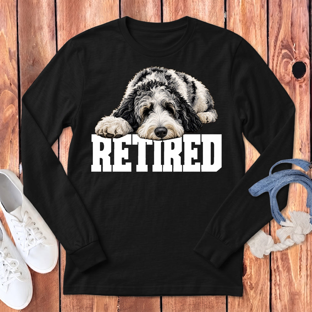 Retired Sleeping Merle Goldendoodle Long Sleeve T-Shirt in Dark Grey Heather / S by Puppy Jo