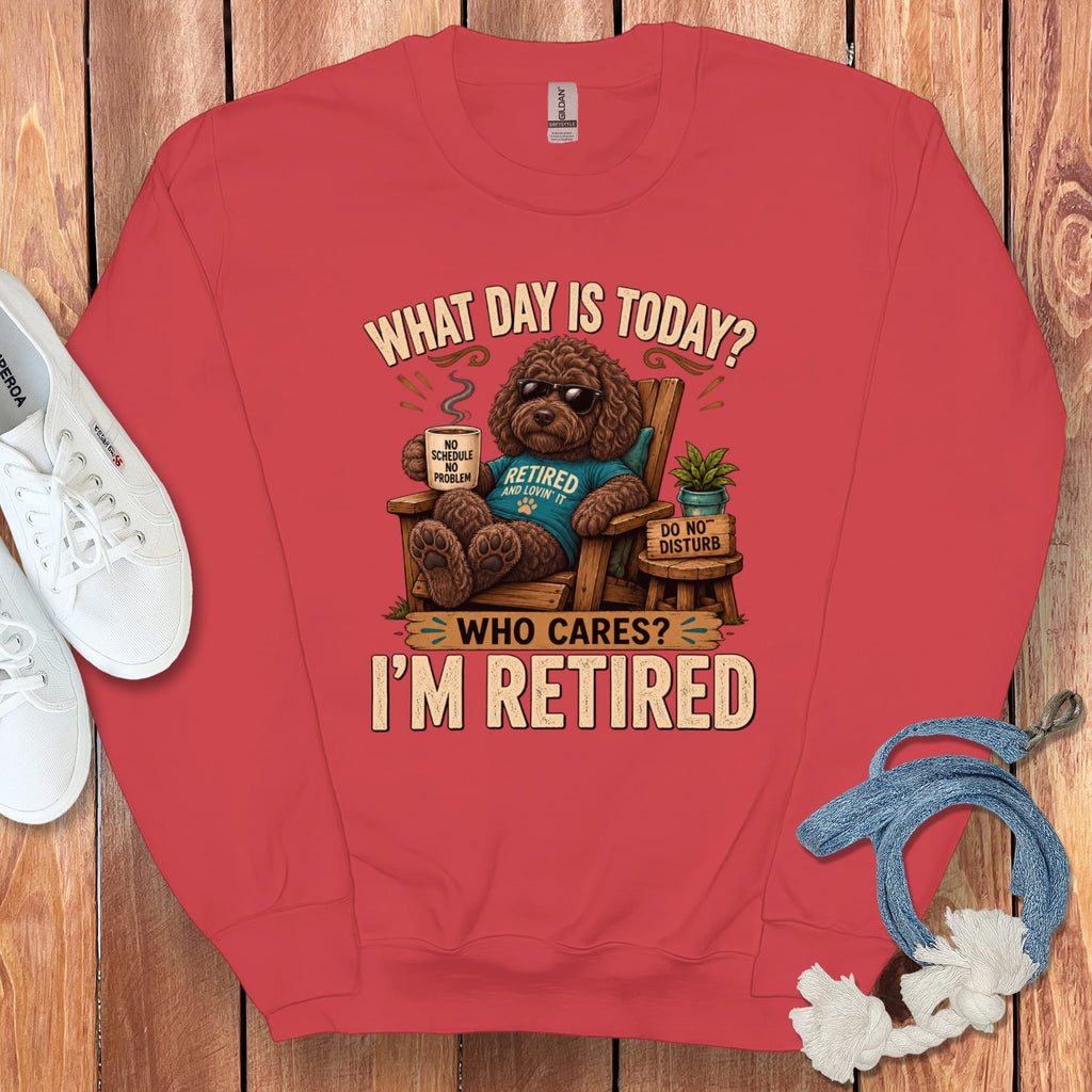 I'm Retired Chocolate Goldendoodle Sweatshirt in Red / S by Puppy Jo