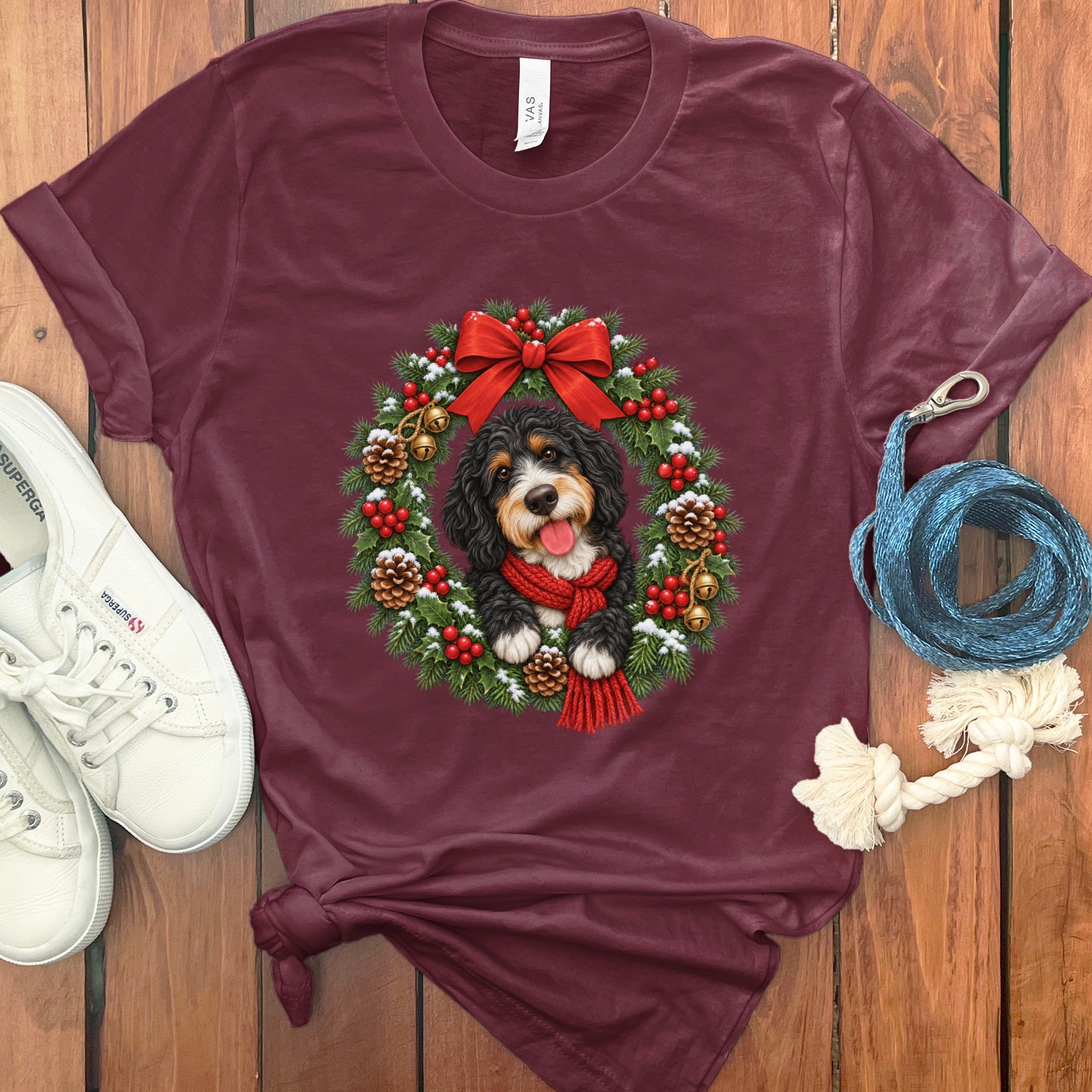 Maroon crewneck t-shirt featuring a bernedoodle dog inside a Christmas wreath on a wooden background.
