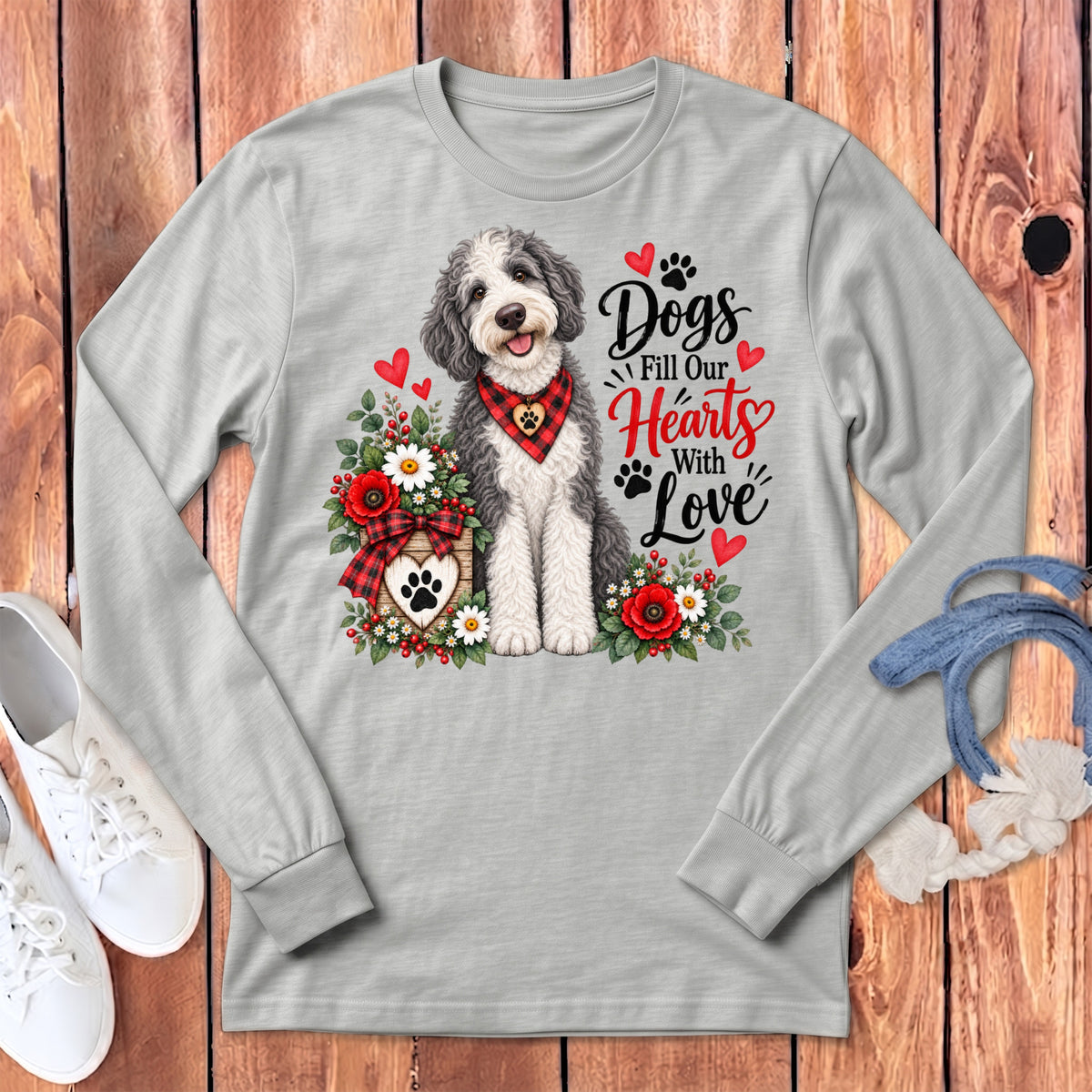 Sheepadoodle Hearts Love Long Sleeve T-Shirt