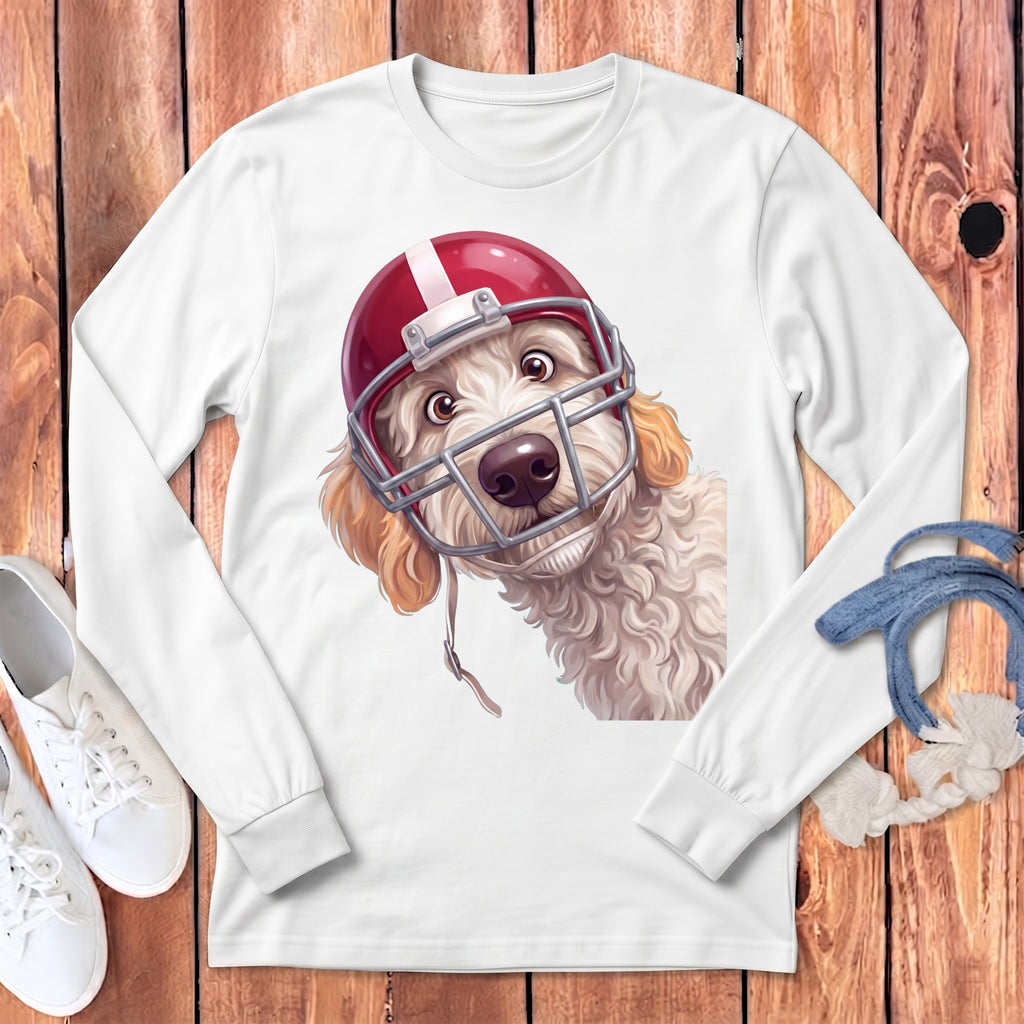 White long-sleeve t-shirt with a drawing of a dog wearing a red football helmet.