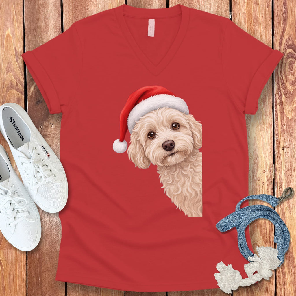 Maltipoo Holiday Santa V-Neck T-Shirt in Red / S by Puppy Jo