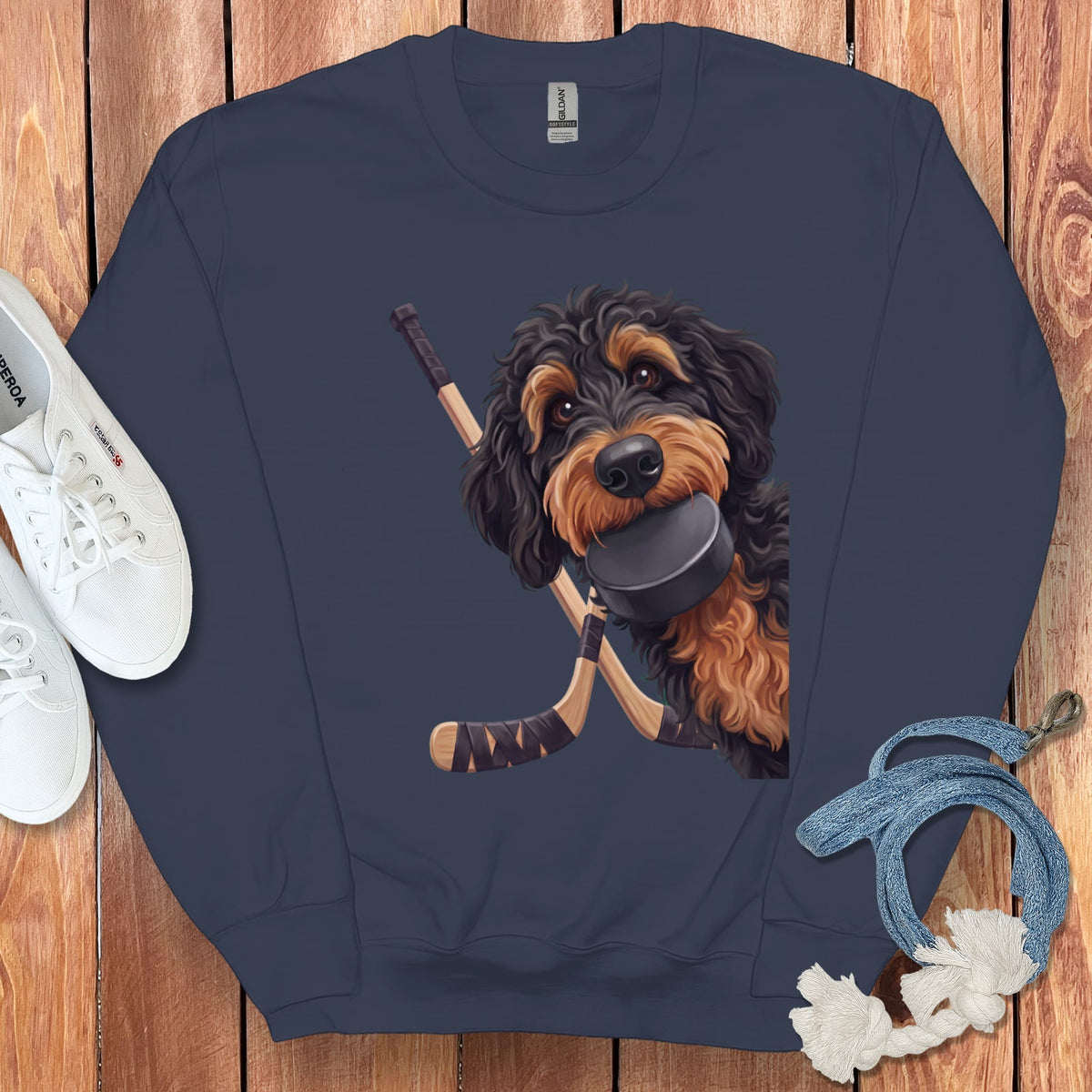 Phantom Goldendoodle Hockey Sweatshirt in Navy / S by Puppy Jo