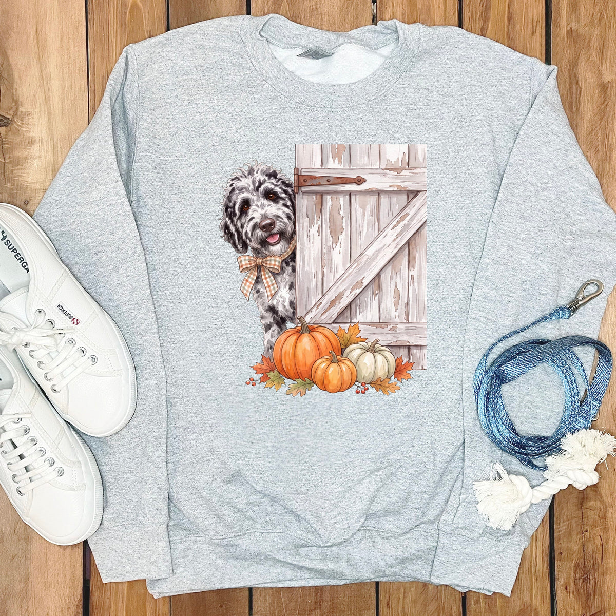 Merle Goldendoodle Barn Peeking Sweatshirt in Sport Grey / S by Puppy Jo