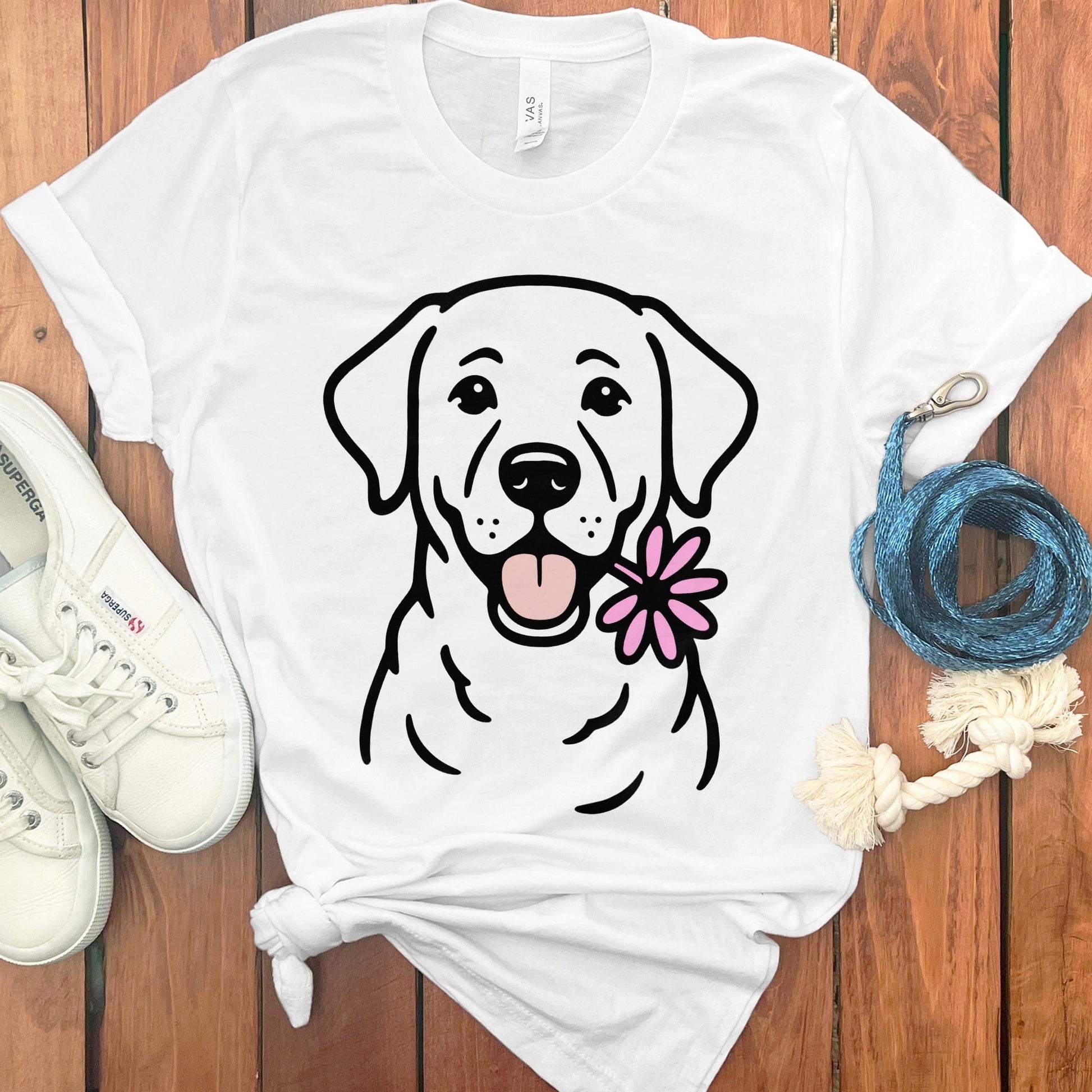 Smiling Dog with Flower Graphic on White Shirt product