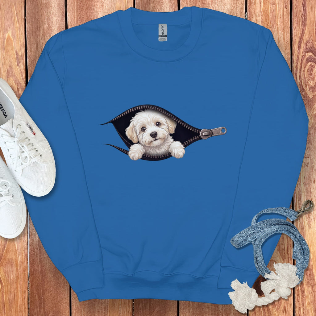 Maltipoo Peeking Zipper Sweatshirt in Royal / S by Puppy Jo