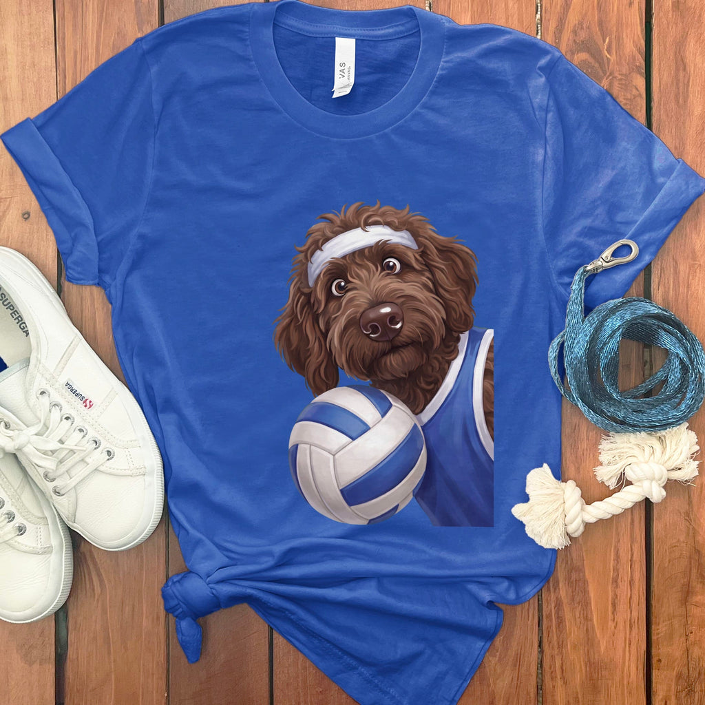 Chocolate Goldendoodle Volleyball Player T-Shirt in True Royal / S by Puppy Jo