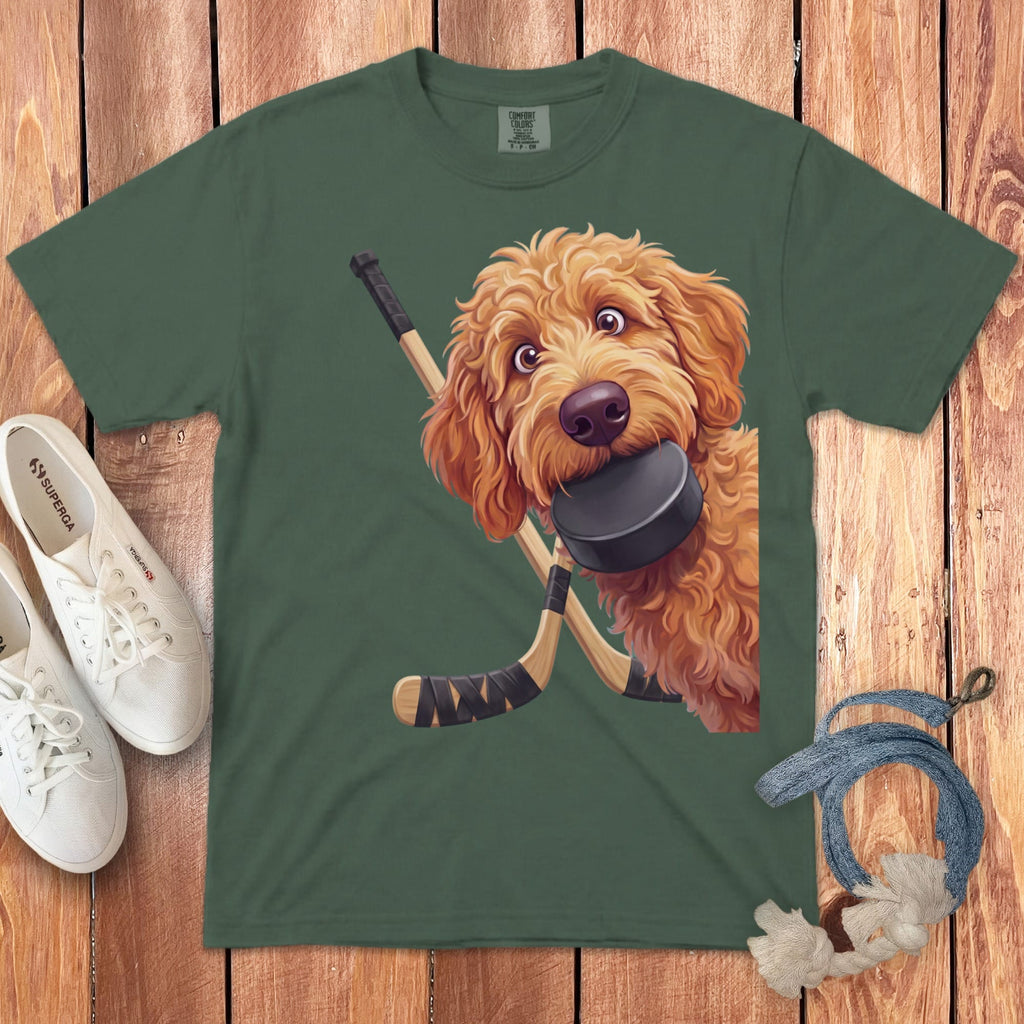 Apricot Goldendoodle Hockey Signature T-Shirt in Blue Spruce / S by Puppy Jo