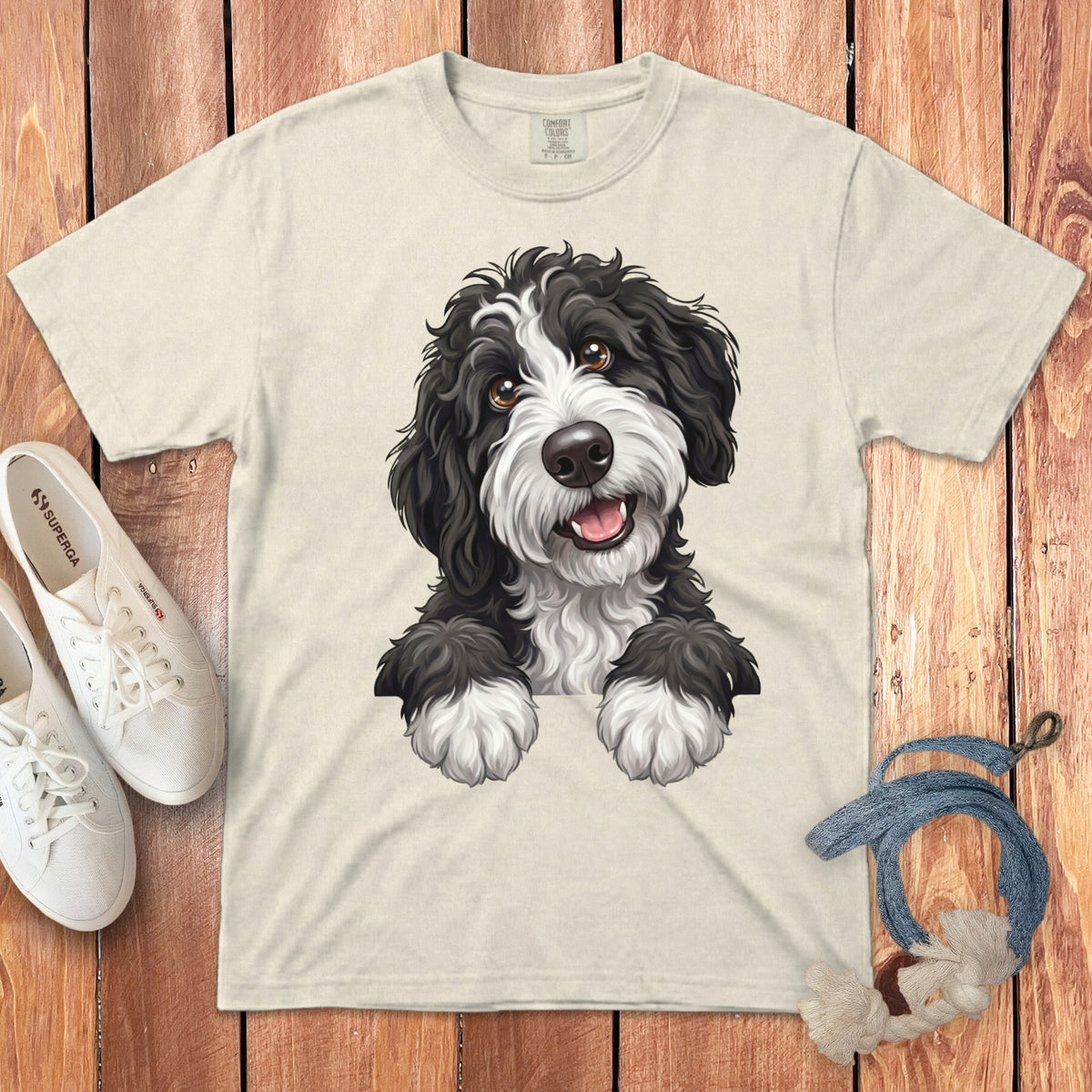 Beige t-shirt with a black and white dog illustration and Comfort Colors tag.