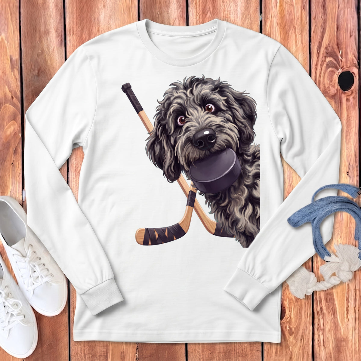 Merle Goldendoodle Hockey Long Sleeve T-Shirt in White / S by Puppy Jo
