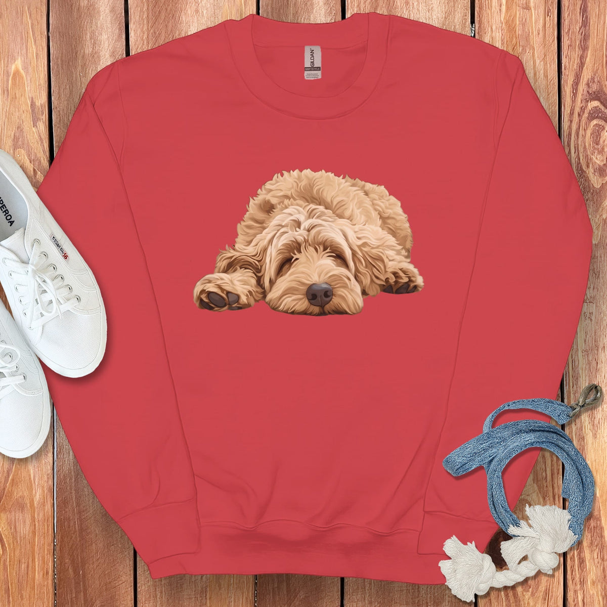 Golden Goldendoodle Snoozing Sweatshirt in Red / S by Puppy Jo