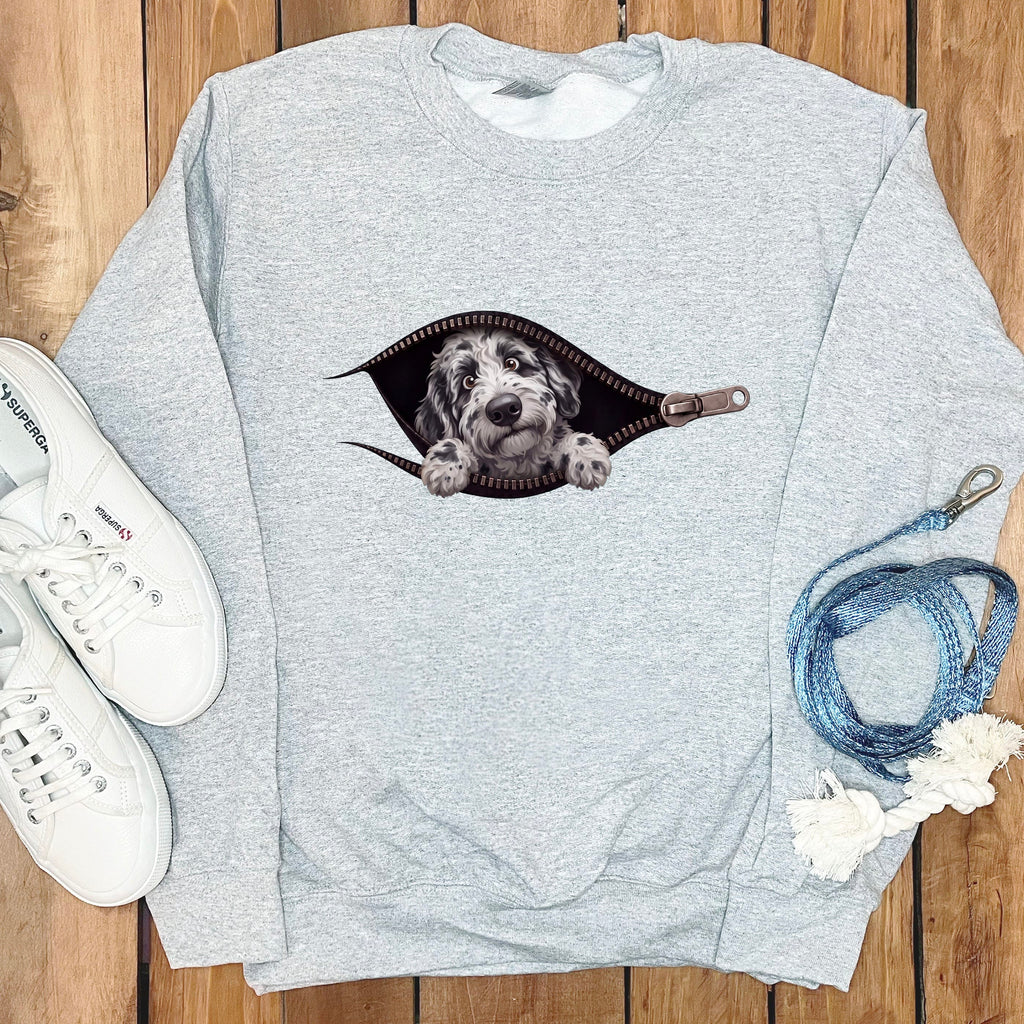 Merle Goldendoodle Peeking Zipper Sweatshirt in Sport Grey / S by Puppy Jo