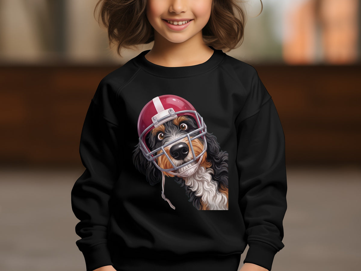 Bernese Mountain Dog wearing a red football helmet peeking out from a black sweatshirt.