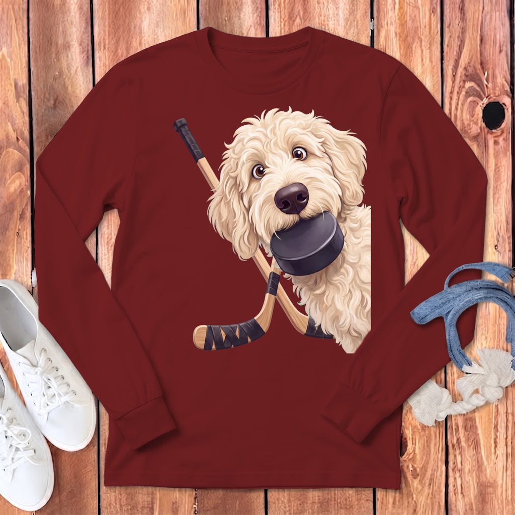 Cream Goldendoodle Hockey Long Sleeve T-Shirt in Cardinal / S by Puppy Jo