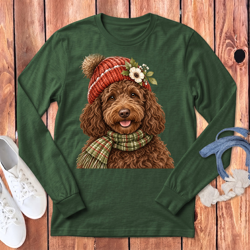 Dark green long-sleeve shirt with a graphic of a doodle dog wearing a red hat and scarf.