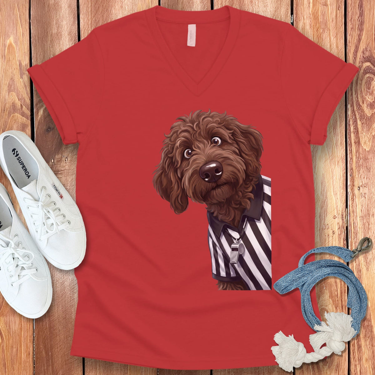 Chocolate Goldendoodle Football Referee V-Neck T-Shirt in Red / S by Puppy Jo