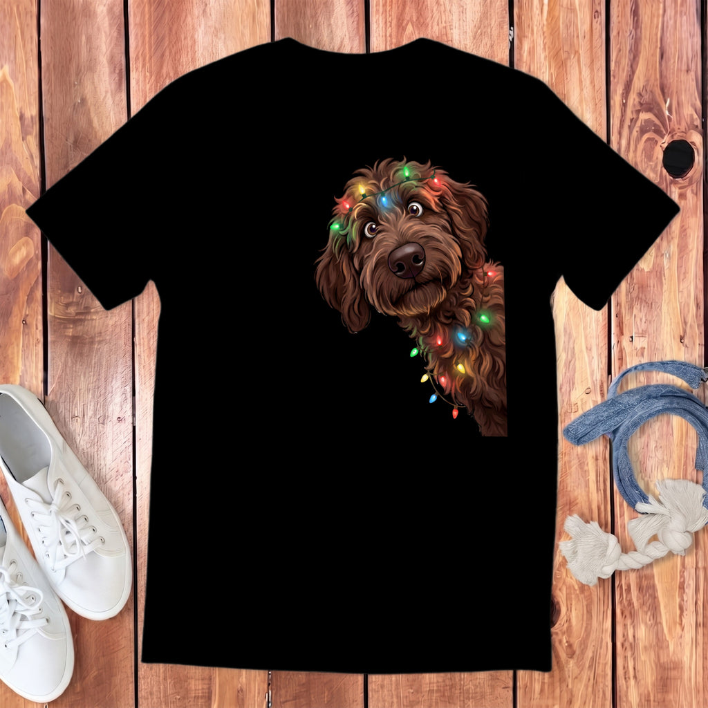 Black t-shirt featuring a brown dog with Christmas lights around its head.