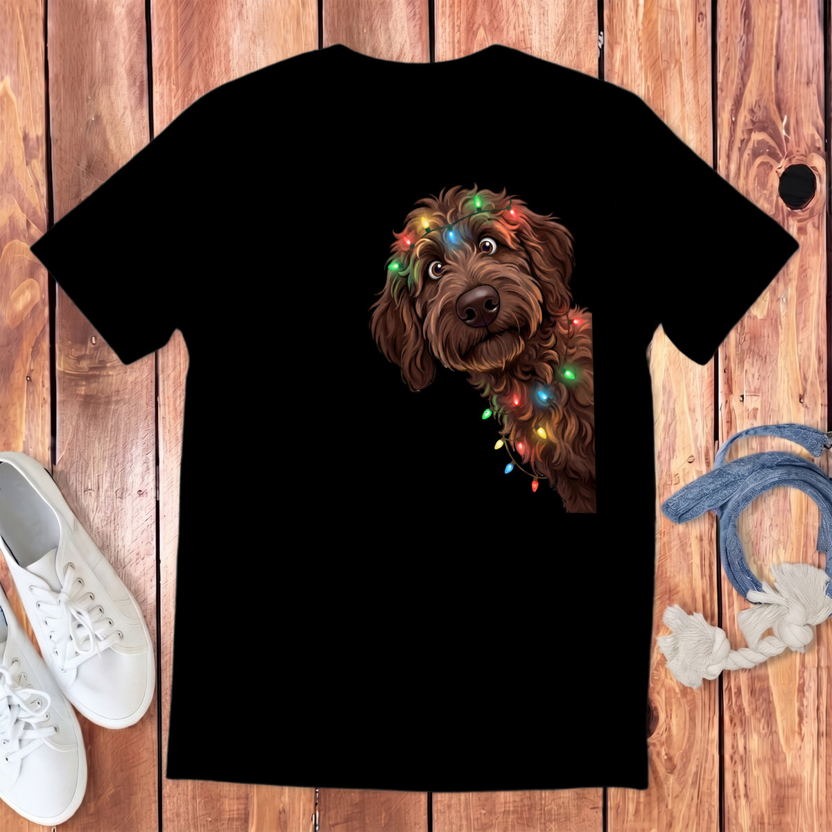 Black t-shirt featuring a brown dog with Christmas lights around its head.